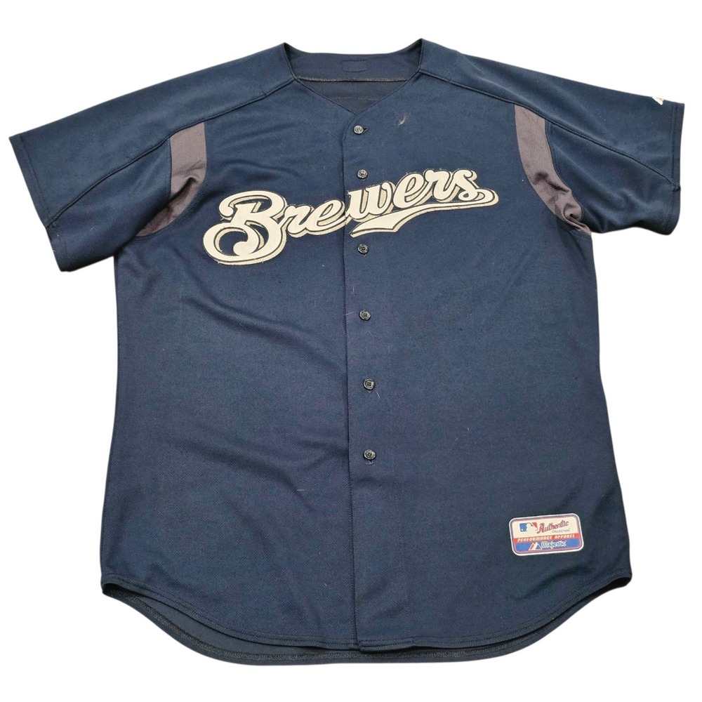 Wes Obermueller Milwaukee Brewers 33 Team Issued Majestic Jersey Sz 48 MLB Navy